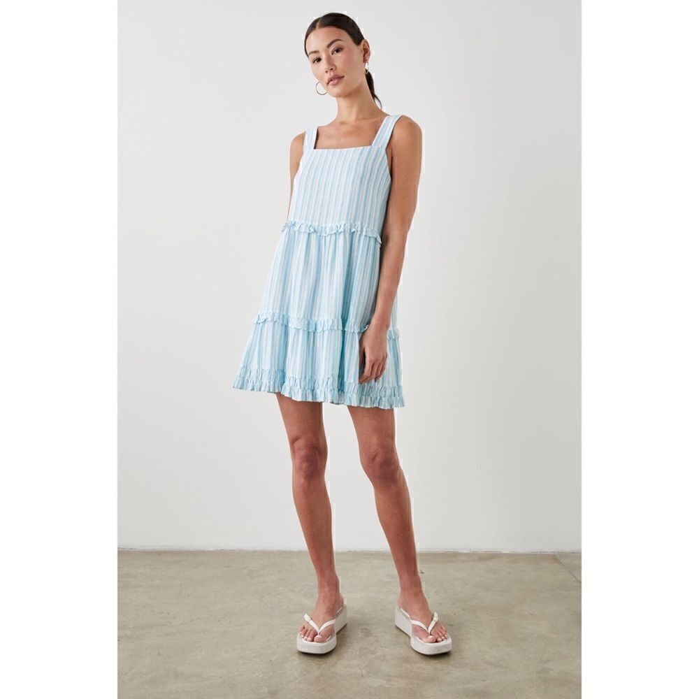NWT Rails Sandy Dress Linen Blend Striped Ruffle Mini in Laguna Stripe, Small